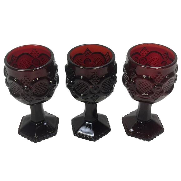 Avon Cape Cod Ruby Red 4-1/2" Sherry Wine Footed Glasses Set of 3 - Picture 2 of 4